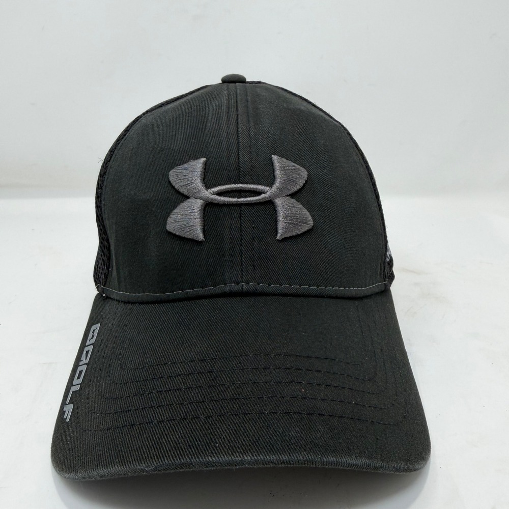 Under Armour Golf Hat Mens Black Mesh Back Stretch Fit Cap MD/LG Grey Logo